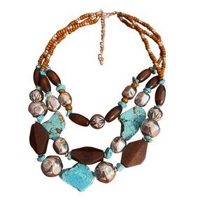 Chunky Multicolor Beaded Necklace Layered Faux Turquoise Wood Silver Tone Adj